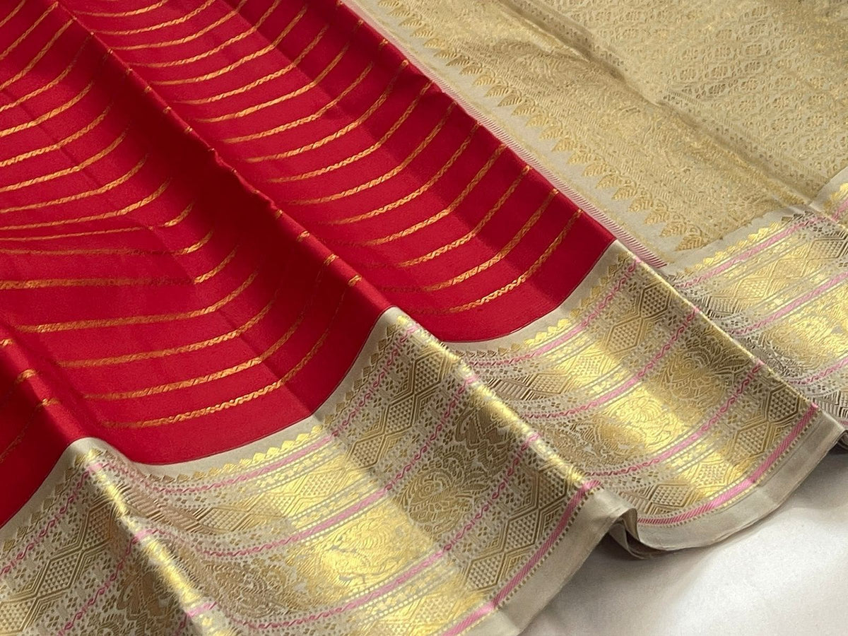 Red Veldhari zari stripe Kanchipuram silk saree