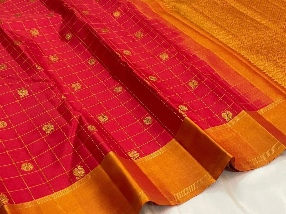 Crimson Red Handwoven Pure Silk Kanchipuram Zari Kattam Saree with Burnished Orange Gold Zari Pallu