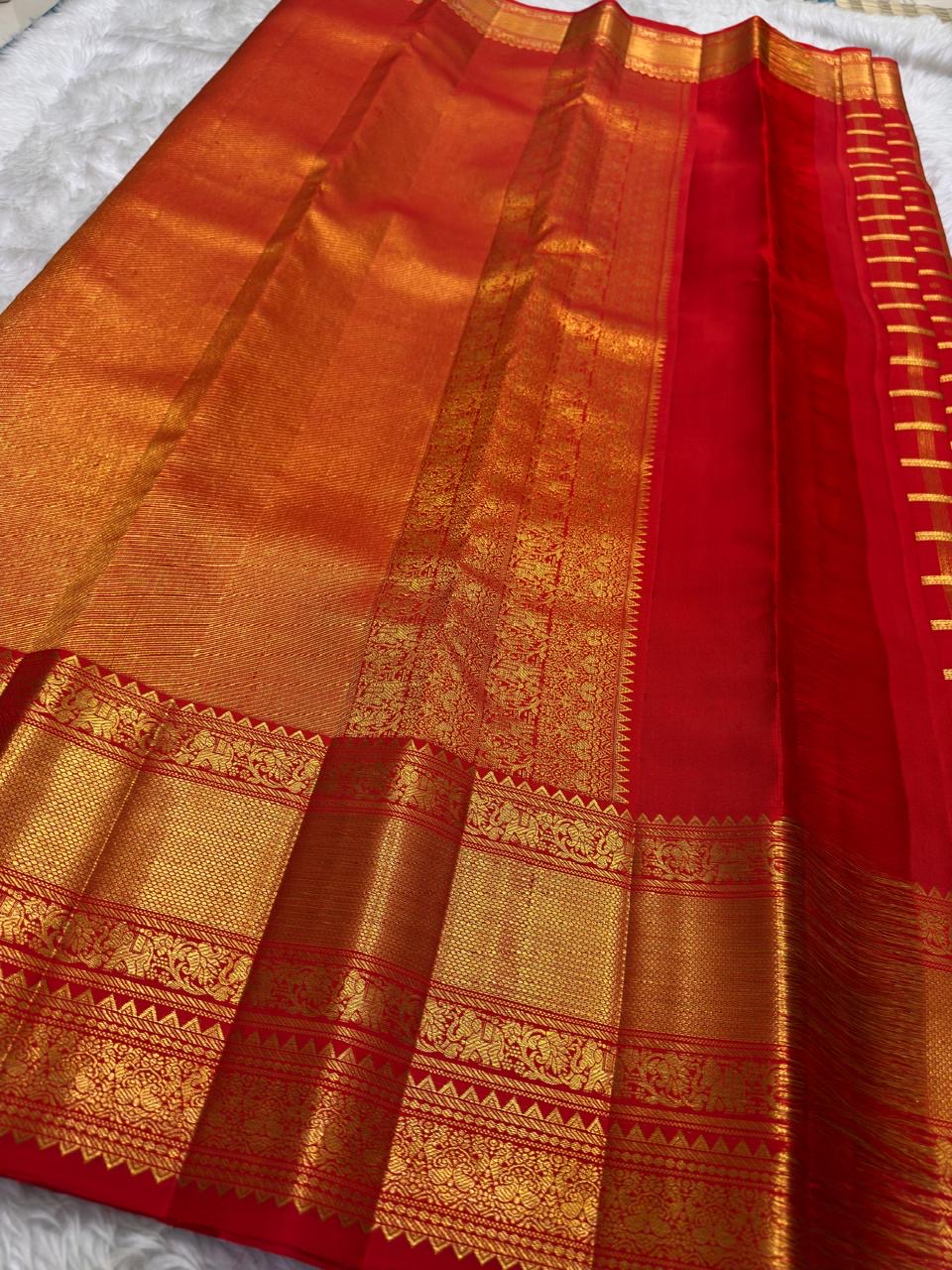 Sindoor Red Handwoven Pure Silk Kanjivaram Saree with Zari Kattam Checks and Antique Gold Border