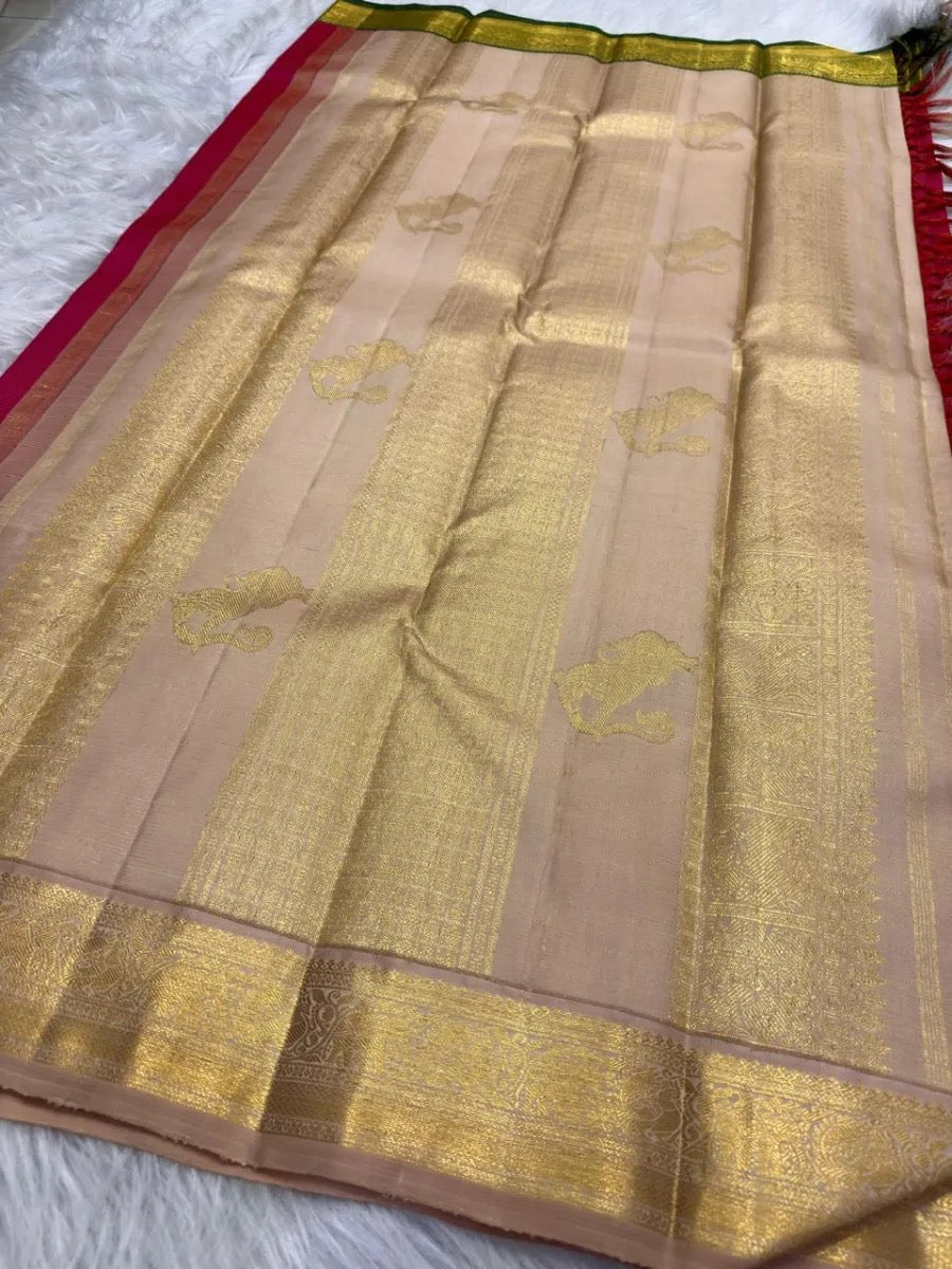Reddish Pink Korvai Kanjivaram pure silk saree draped view