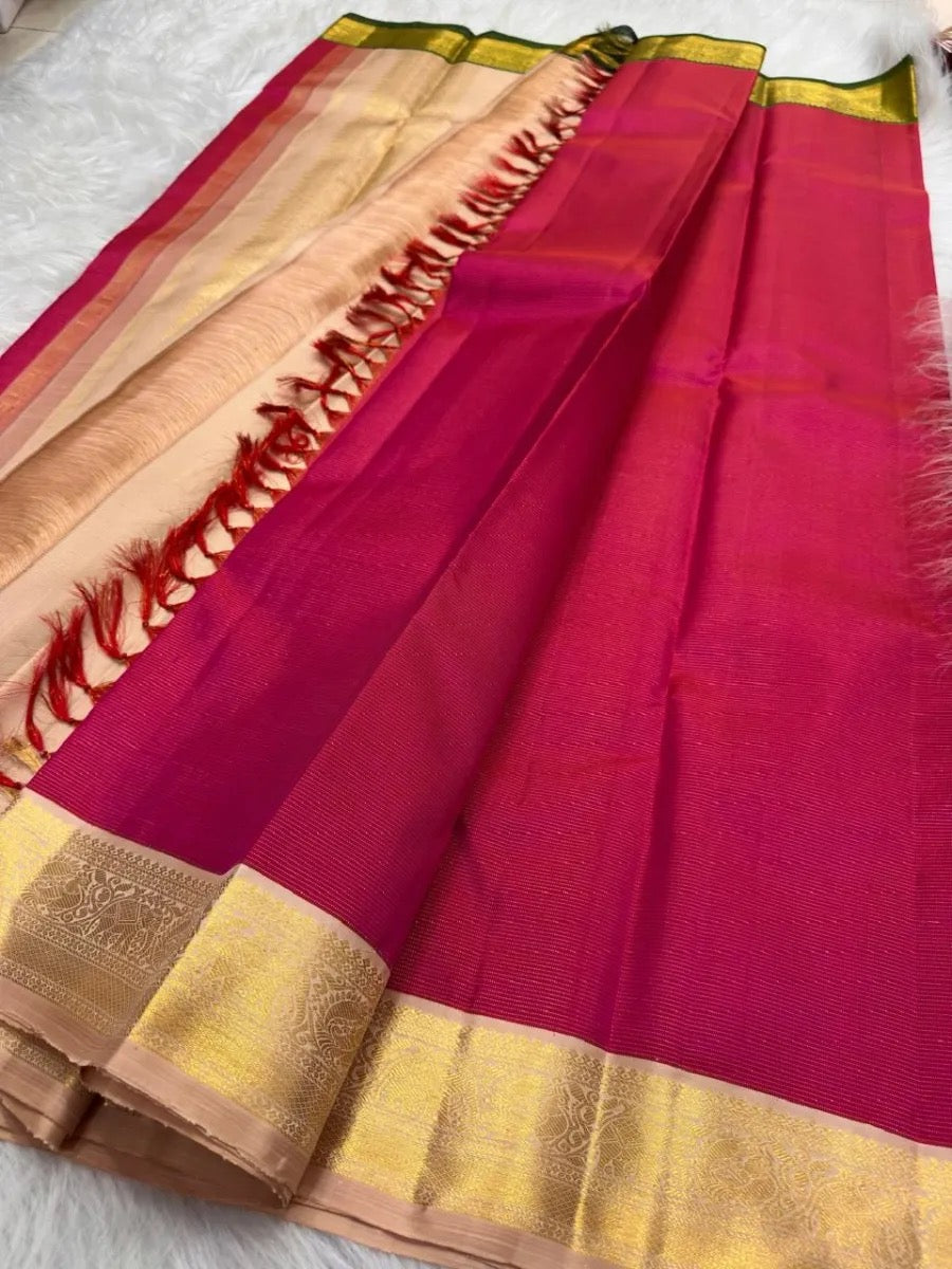Reddish Pink Korvai Vairaoosi Kanjivaram saree full view