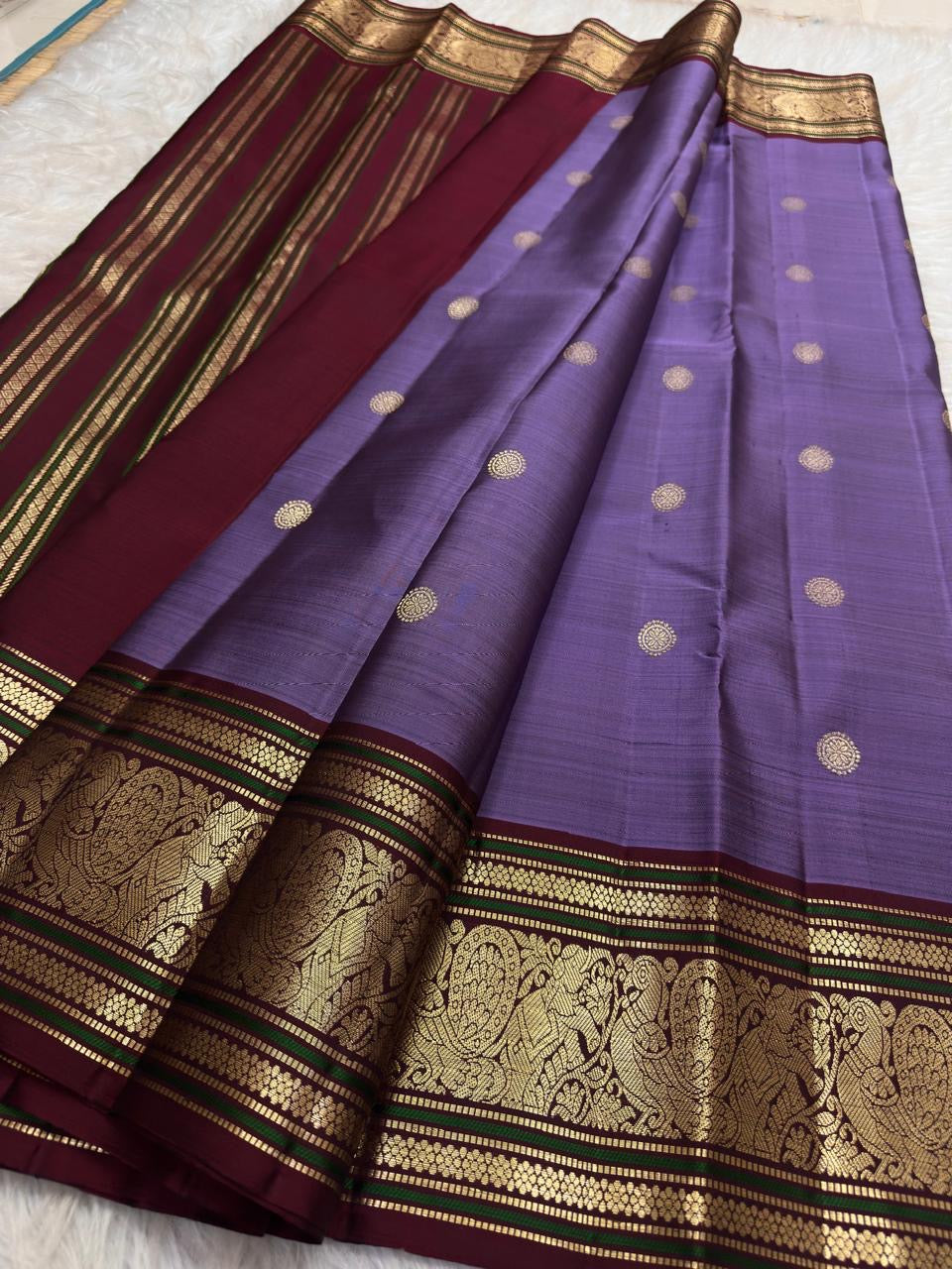 Kurinji Violet Pure Silk KanchiPattu Peacock Butta Saree with Maroon Zari Border – view 3
