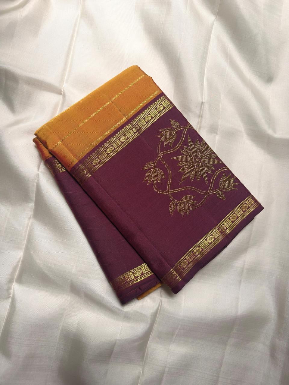 Saffron Orange pure silk Kanchi Pattu saree, Rettapet weave with Deep Maroon border — border detail
