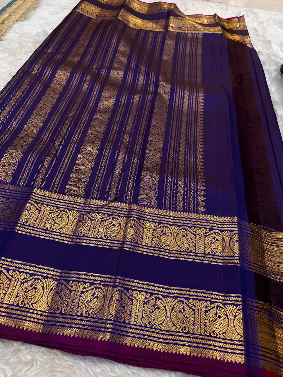Deep Purple and Magenta Handwoven Pure Silk KanchiPattu Saree with Rettapet Yaanai Chakram Butta and Annam Pallu Border