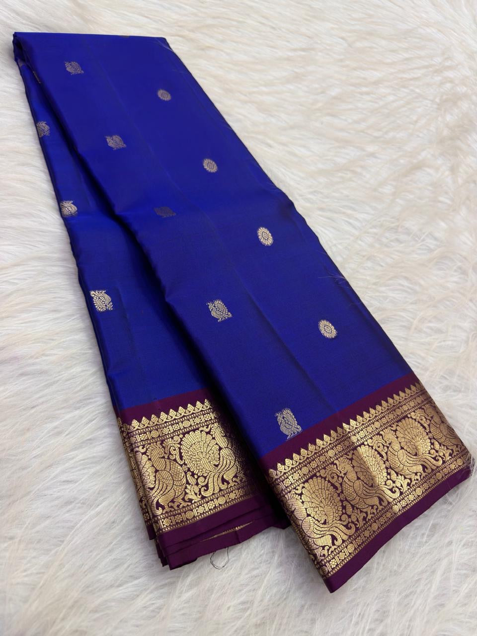 Royal Neelam Blue Pure Silk Kanjipuram Peacock Butta Saree with Plum Zari Border – view 4