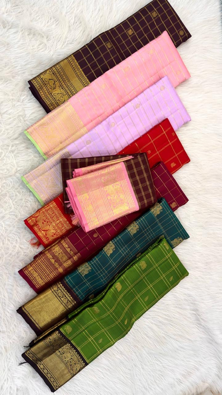 Rich brown Kancheepuram silk saree with gold zari