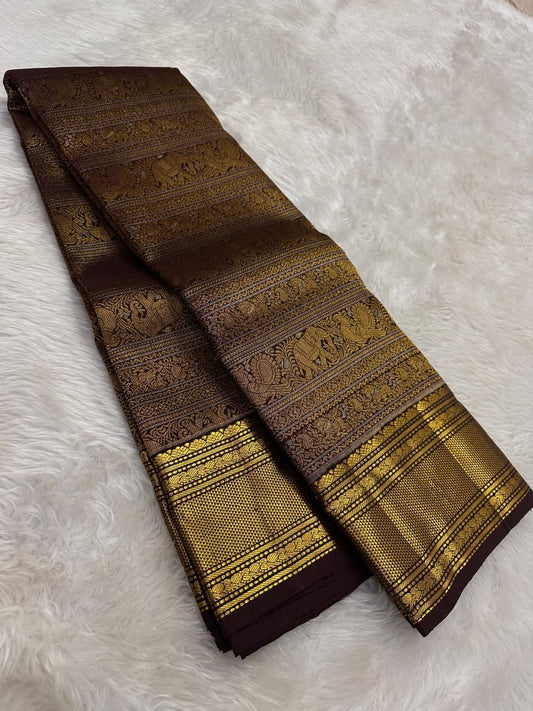Pure Kanchipuram Silk Saree Rich Burgundy with Gilded Gold Zari and Elephant Border