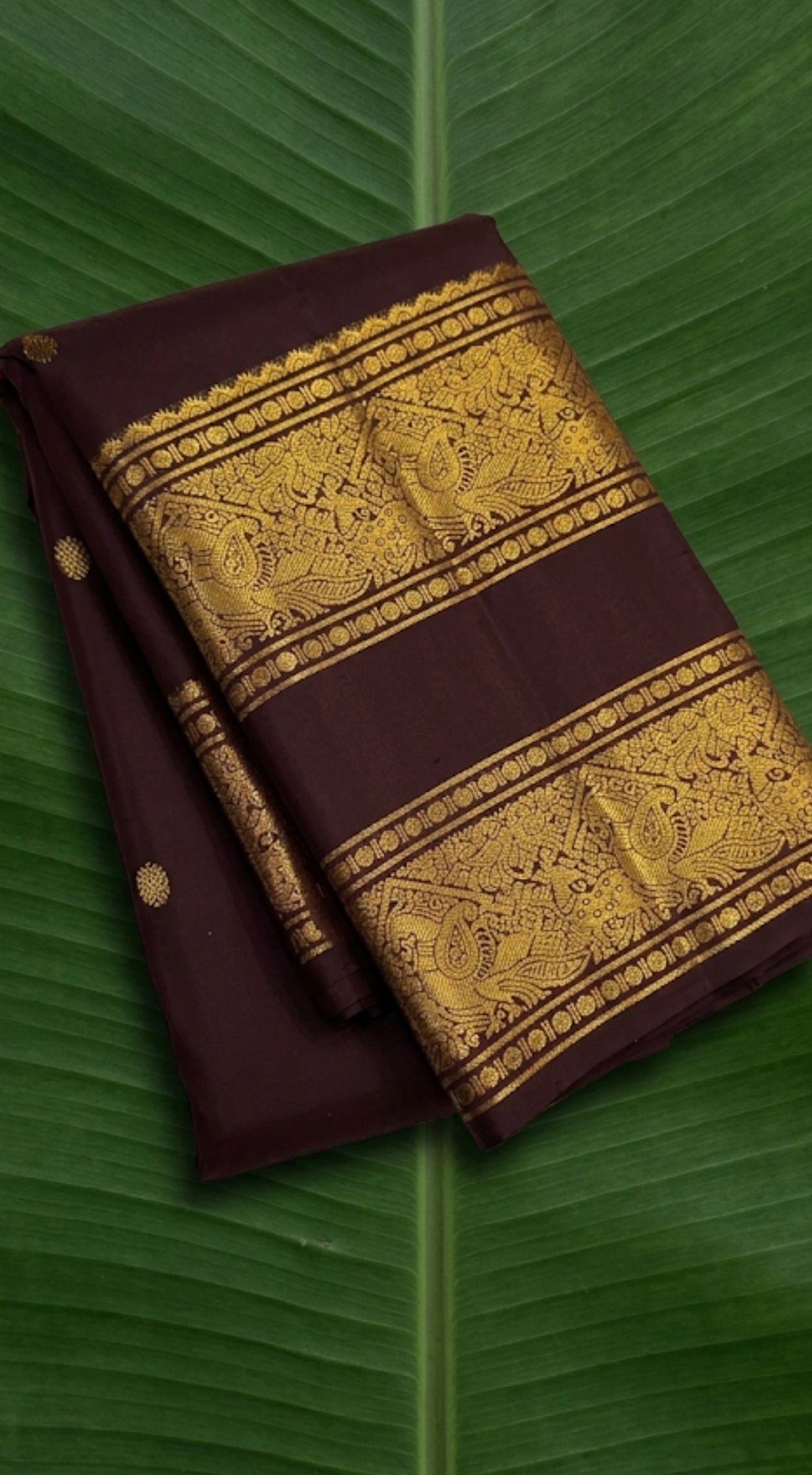 Espresso Brown and Antique Gold Handwoven Pure Silk Kanjivaram Saree with Rettapet Border and Mayil Chakram Butta