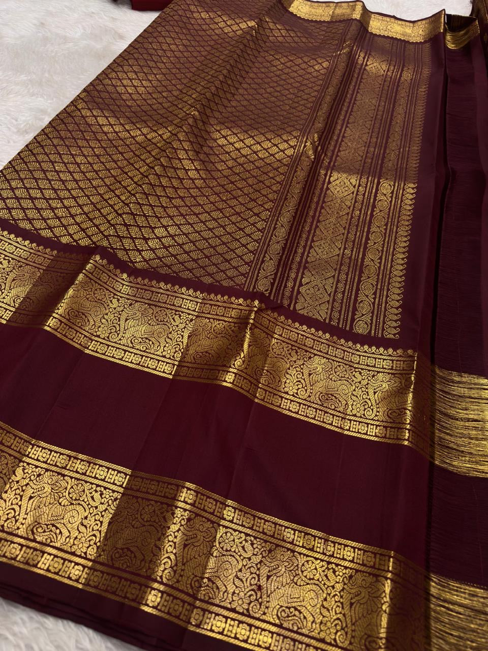 Close border view with large handwoven Yazhi motifs framed by multiple fine gold zari registers