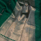 Dark Green Banarasi Silk Saree with Kadwa Floral Motifs and Antique Gold Zari Border