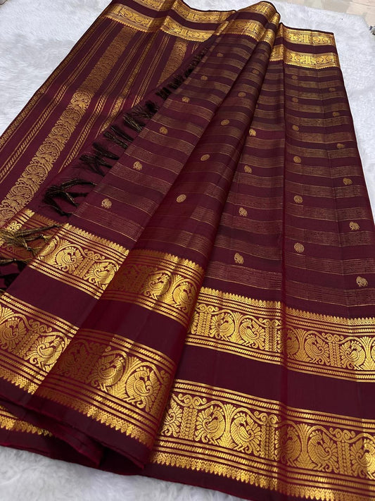 Rich Magenta Handwoven Pure Silk Kancheepuram Saree with Rettapet and Peacock Border