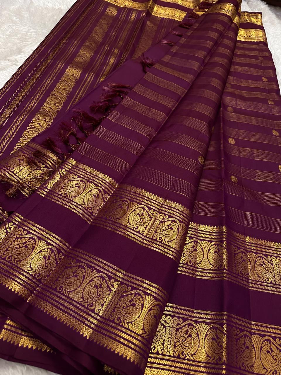 Rich Magenta Handwoven Pure Silk Kancheepuram Saree with Rettapet and Peacock Border