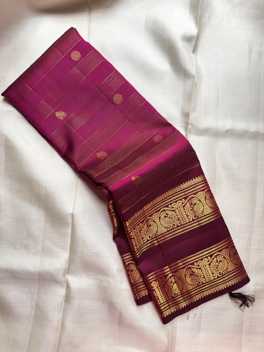 Rich Magenta Handwoven Pure Silk Kancheepuram Saree with Rettapet and Peacock Border