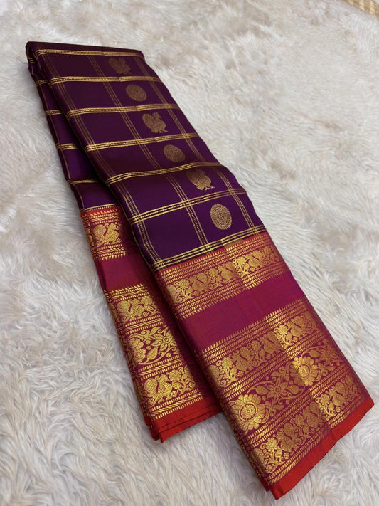 Kanchipattu silk saree in jamun purple with rich violet border Varisaipet Korvai weave traditional zari detail