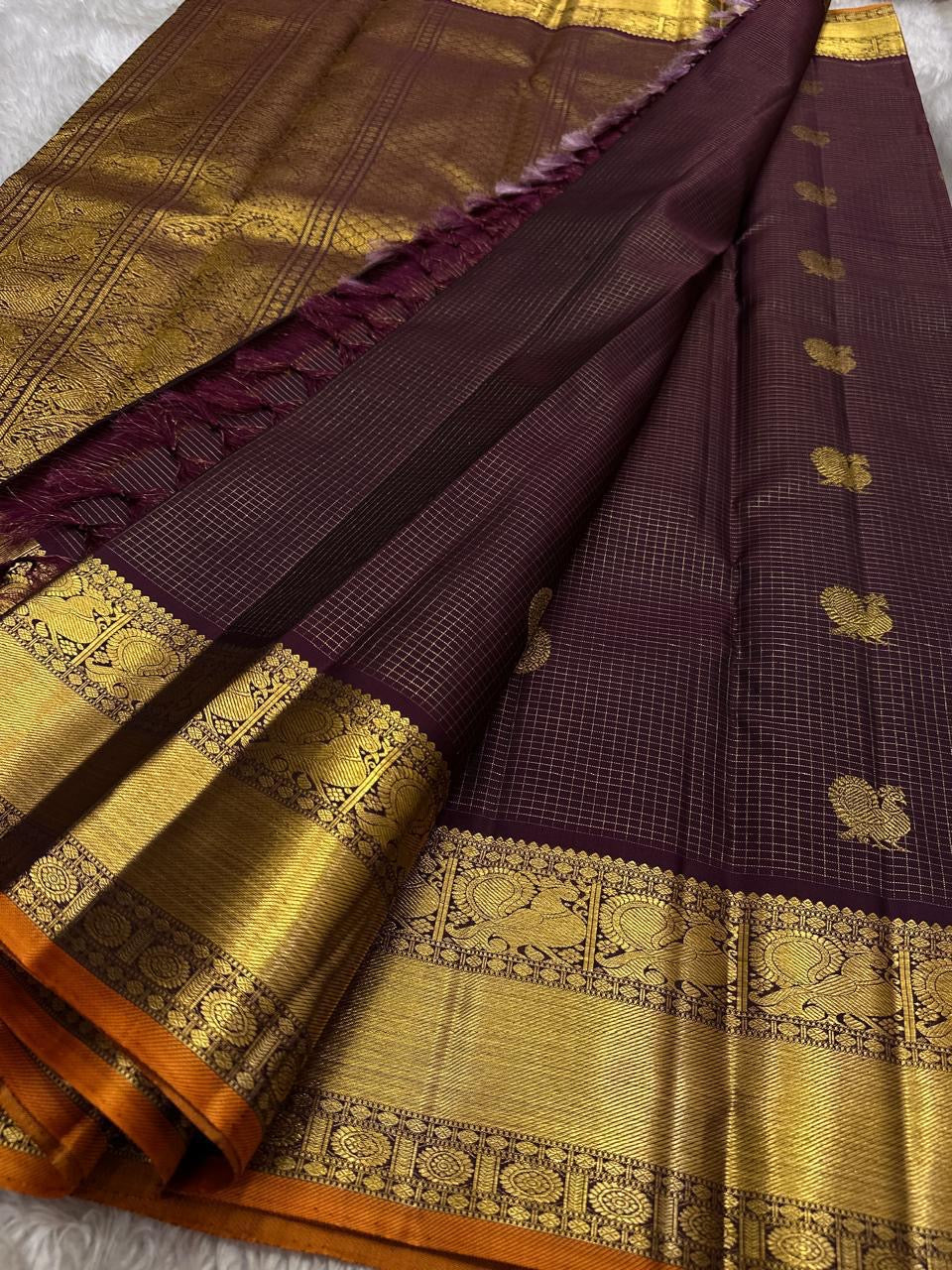 Rich Burgundy Kanjipuram silk saree pure silk and Silk Mark certified detail, handwoven in Kunnam village