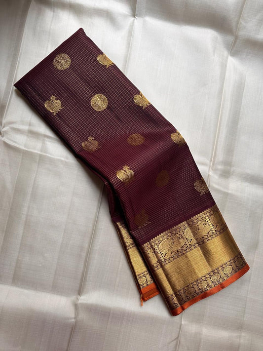 Rich Burgundy handwoven pure silk Kanjipuram saree, Zari Kattam weave with orange border — full saree overview — Idam Living