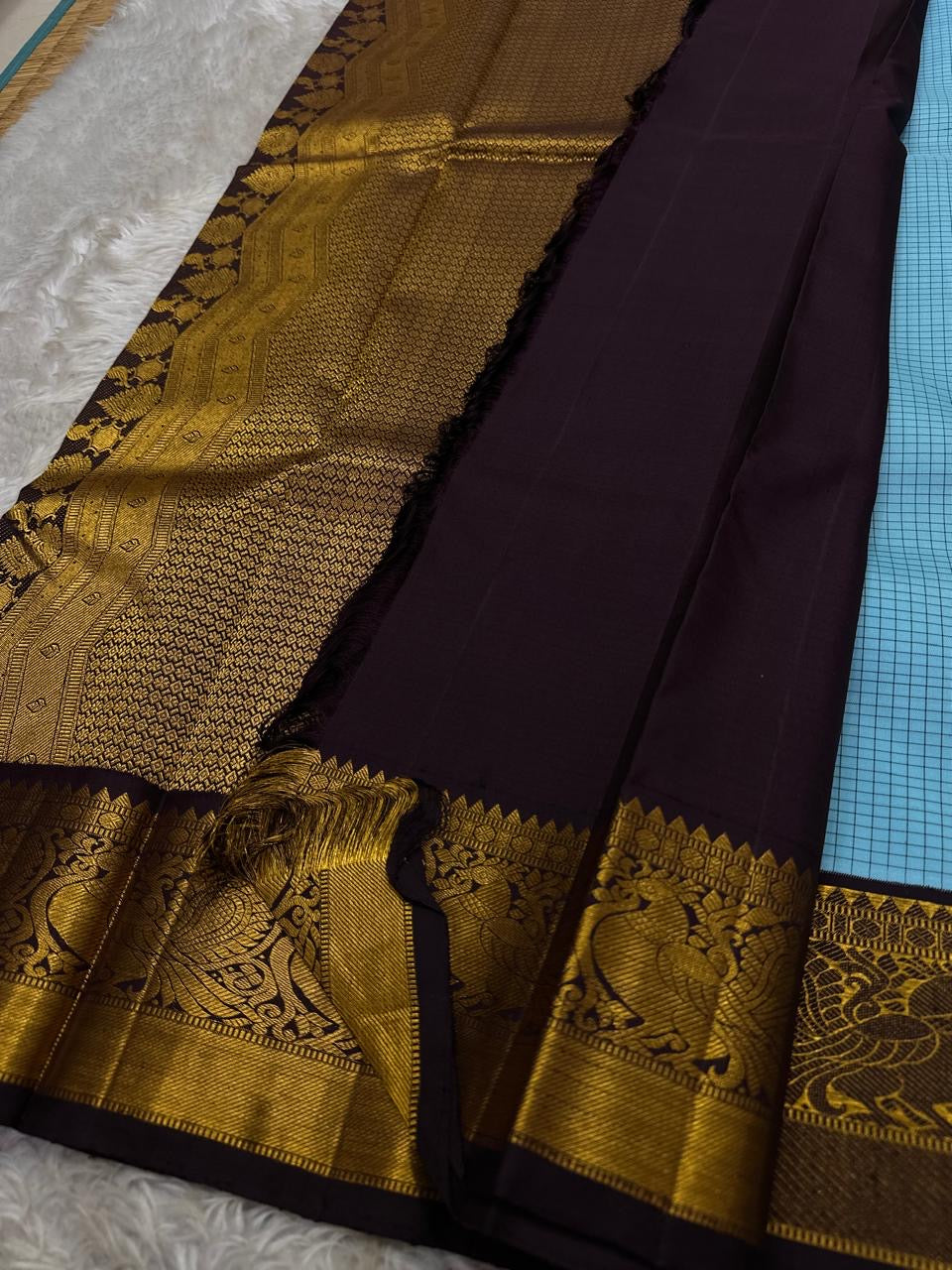 Robin's egg blue pure silk Kancheepuram saree, folded view