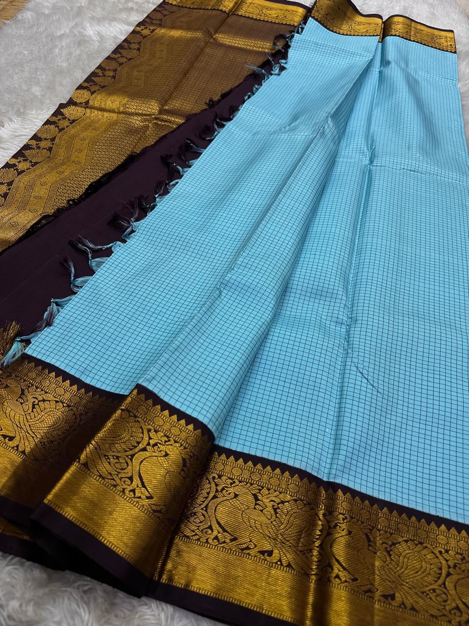 Robin's egg blue Kanchi Kattam saree, draped front view