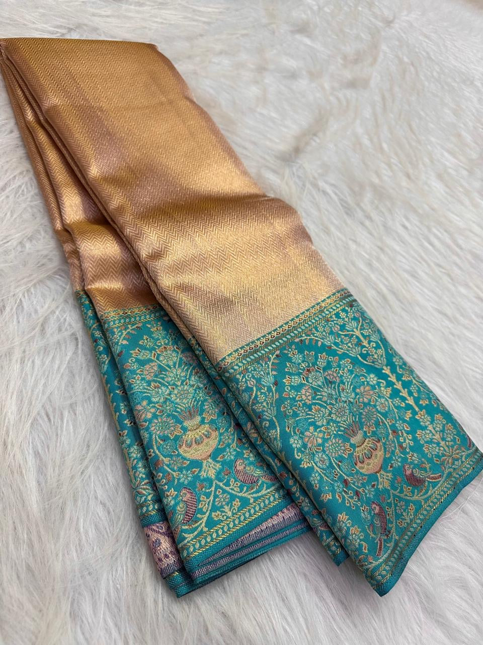 Rose gold kanchipuram saree peacock turquoise meenakari – Idam Living Pure Silk Kanchipuram saree
