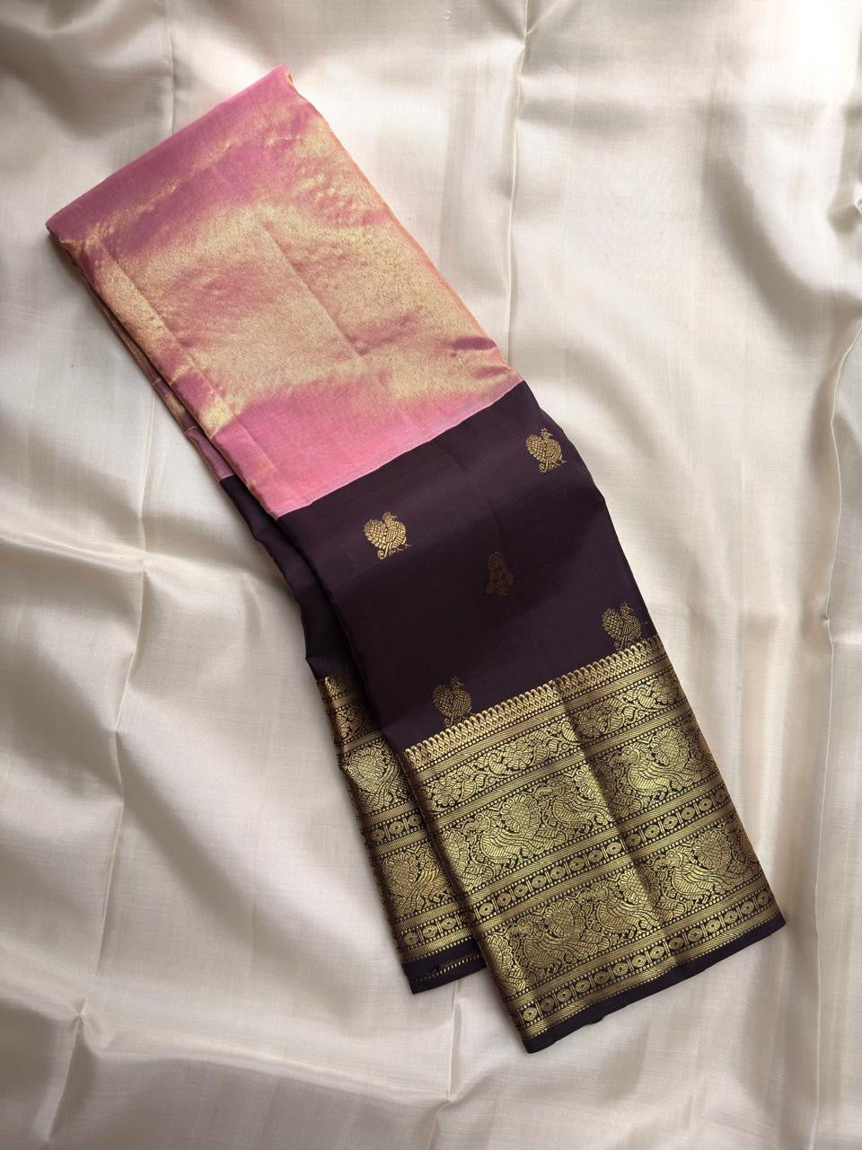 Rose milk pink Kanchipuram tissue silk with a soft luminous sheen
