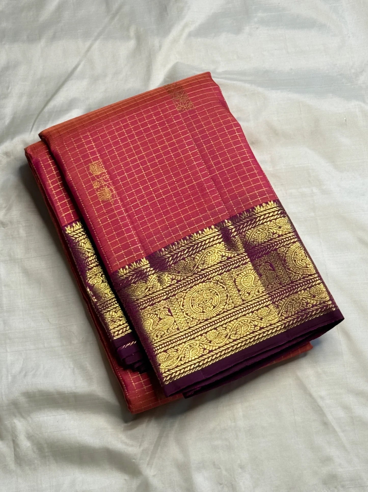 Shot colour zari kattam gold zari grid on rose orange Kanchipuram pure silk saree — Idam Living