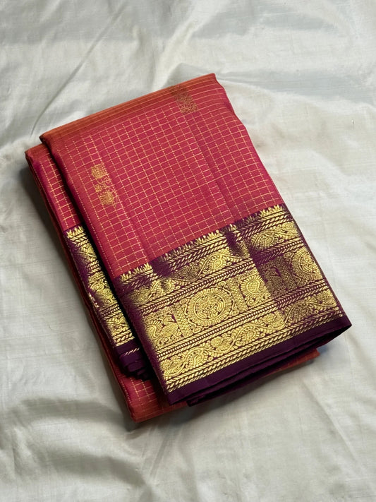 Shot colour zari kattam gold zari grid on rose orange Kanchipuram pure silk saree — Idam Living