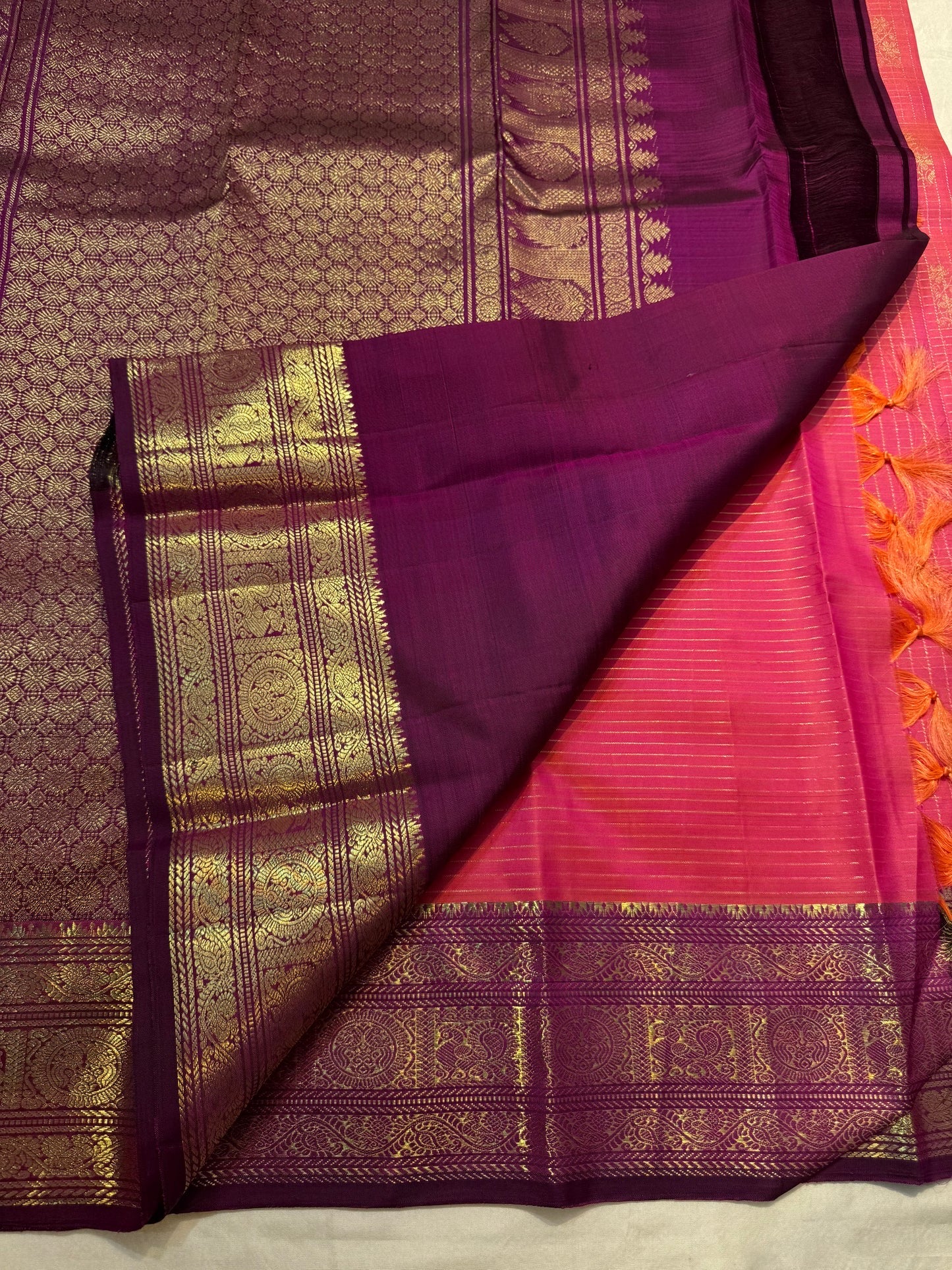 Rich gold zari pallu on rose orange double shade Kanchipuram silk saree — Idam Living