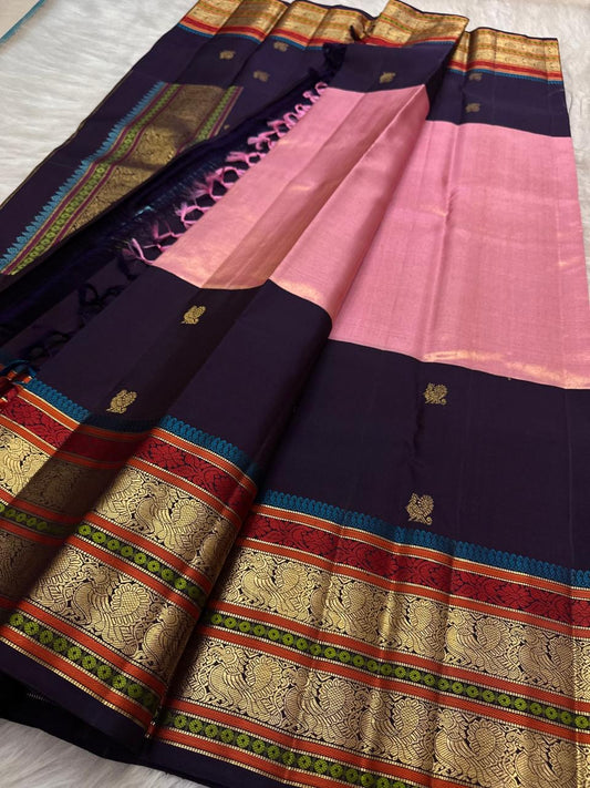 Rose pink and deep aubergine tissue Pure Silk Kanjivaram saree full view
