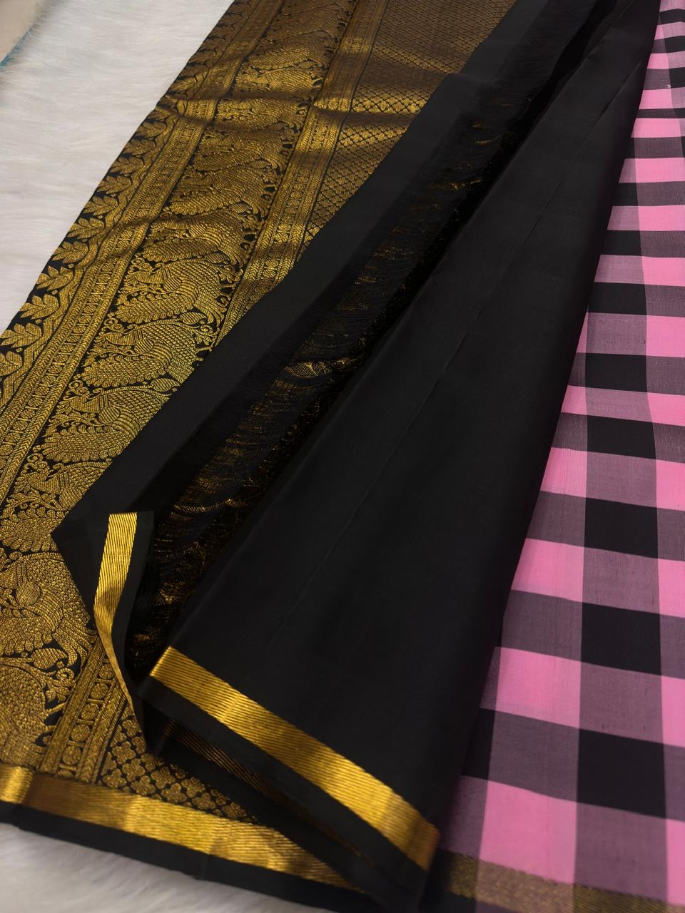 Close view of precision-woven checks on Pure Silk Kanchipuram saree