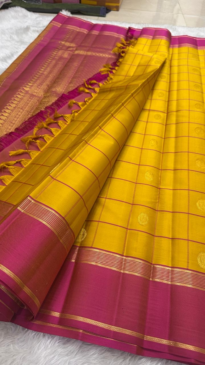 Mustard Yellow pure silk Kanchipuram saree — rose pink border lightweight