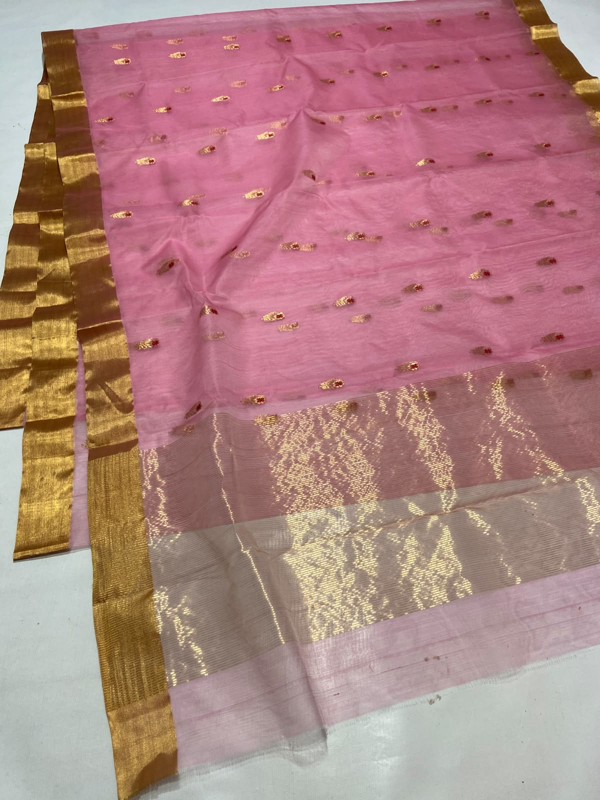 Handloom rose pink Tissue Pattu Silk Chanderi saree with scattered gold buttas