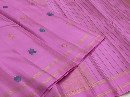 Multi-colour silk thread butta in navy and copper on rose pink Kancheepuram silk saree — Idam Living