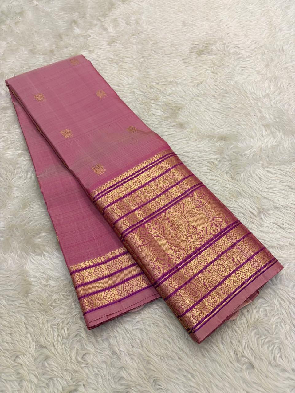 Varisaipet vanasringaram gold zari border on rose pink Kanchipuram pure silk saree — Idam Living