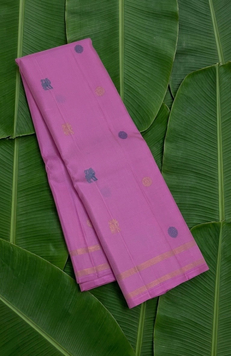 Rose pink handwoven Kanchipuram pure silk saree with multi-colour silk thread butta and pattupet border — Idam Living