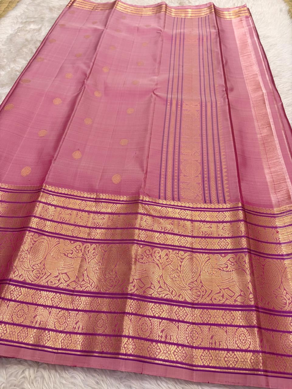 Vairaoosi body with mayil and kamalam butta in gold zari on rose pink Kanjeevaram pure silk saree — Idam Living