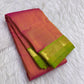Rose pink Kanjeevaram lightweight silk saree with lime green gold zari border, full view
