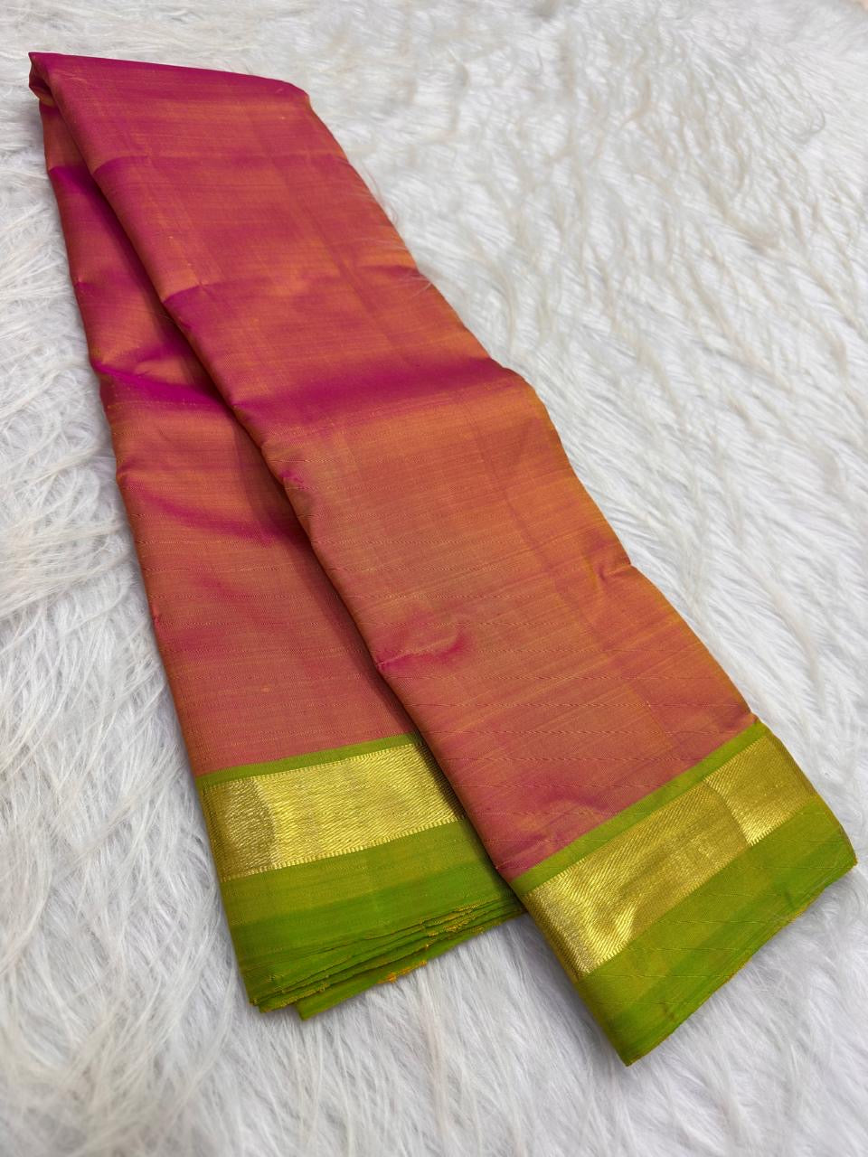 Rose pink lightweight Kanjeevaram silk saree with lime green border, main view