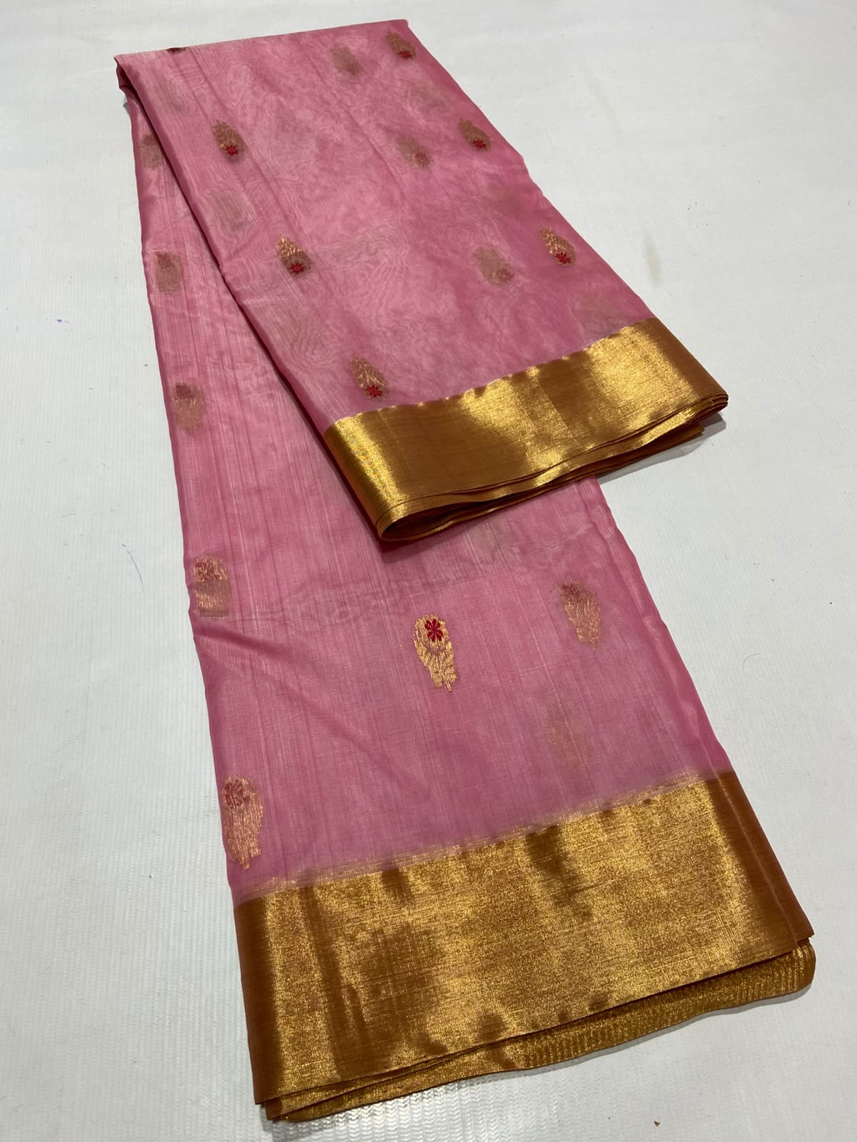 Rose pink and magenta Chanderi saree with woven botanical motifs