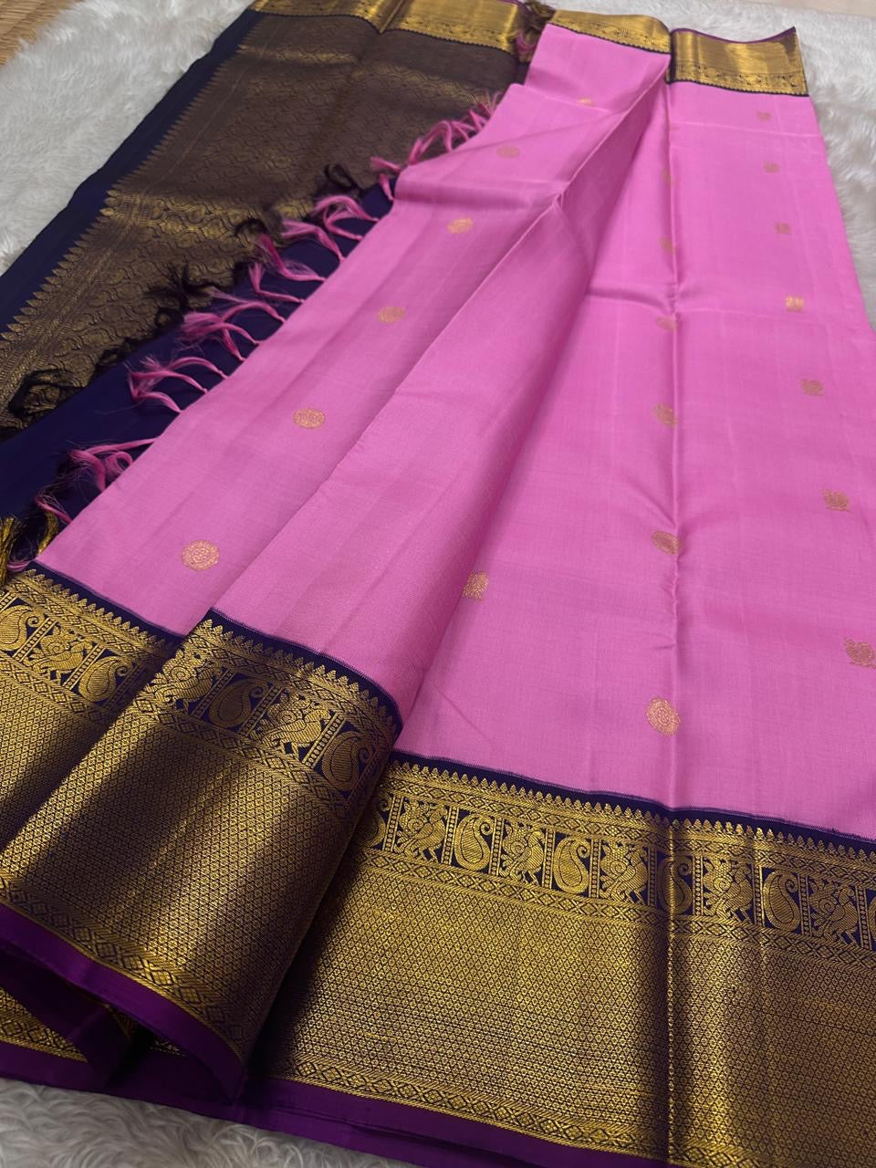 Rose Pink and Navy Blue Handwoven Pure Silk Kancheepuram Saree with Kamalam Butta and Korvai Sorgavaasal Mayil Border