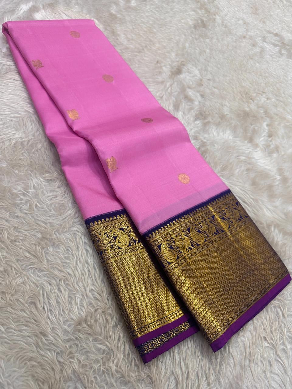 Rose Pink and Navy Blue Handwoven Pure Silk Kancheepuram Saree with Kamalam Butta and Korvai Sorgavaasal Mayil Border