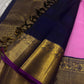 Rose Pink and Navy Blue Handwoven Pure Silk Kancheepuram Saree with Kamalam Butta and Korvai Sorgavaasal Mayil Border