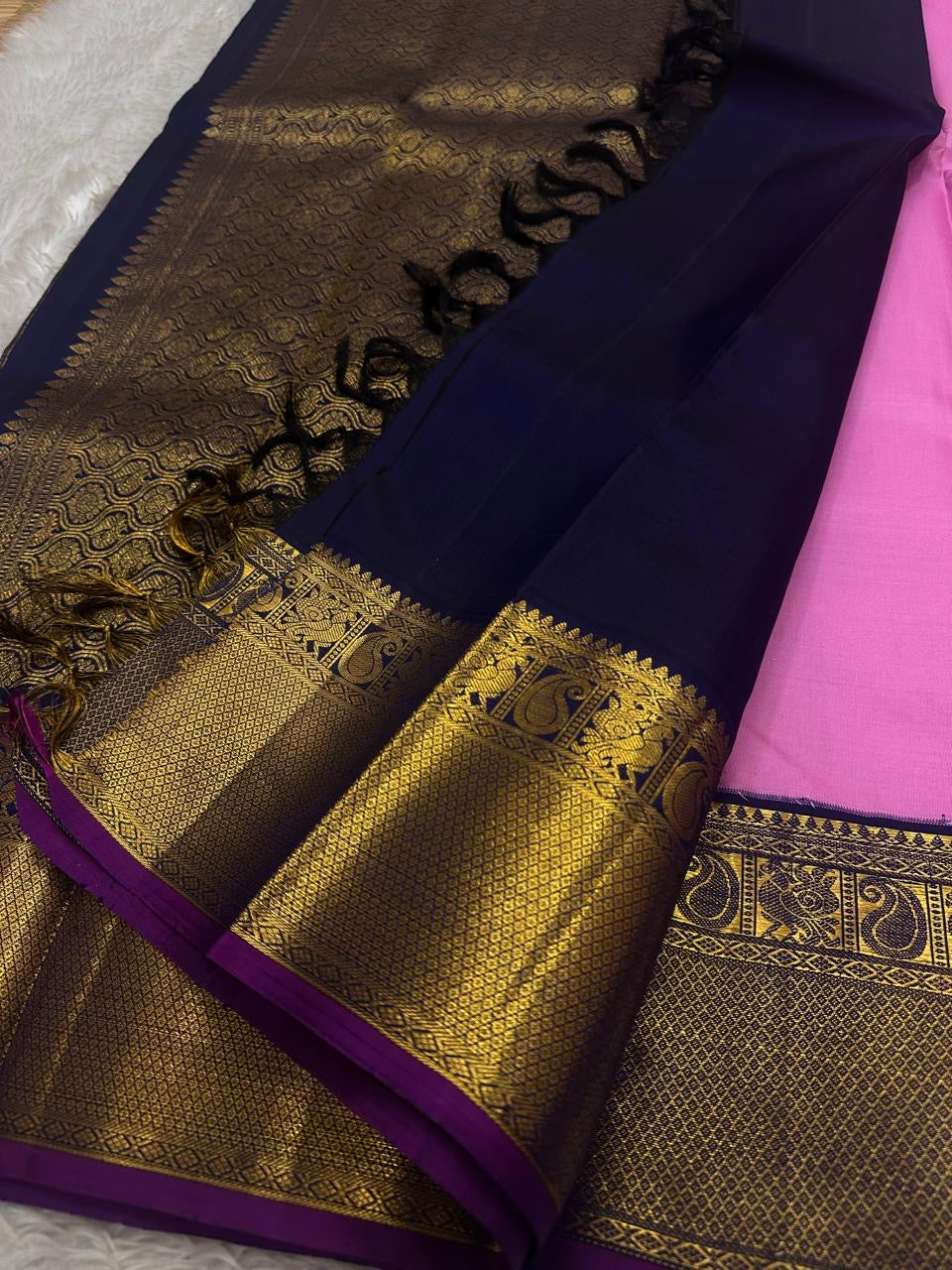 Rose Pink and Navy Blue Handwoven Pure Silk Kancheepuram Saree with Kamalam Butta and Korvai Sorgavaasal Mayil Border