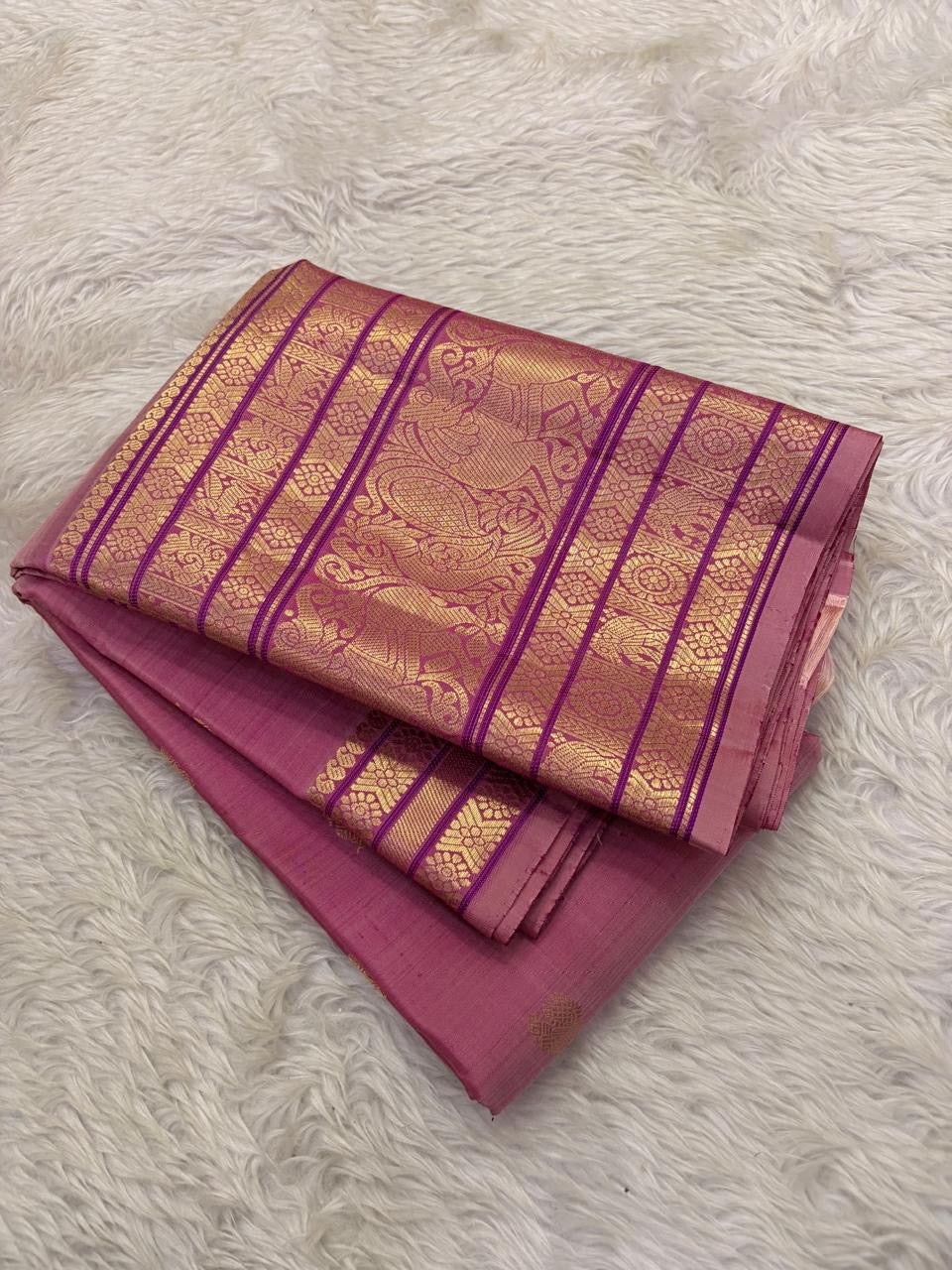 Varisaipet gold zari pallu on rose pink Kanjeevaram pure silk saree — Idam Living