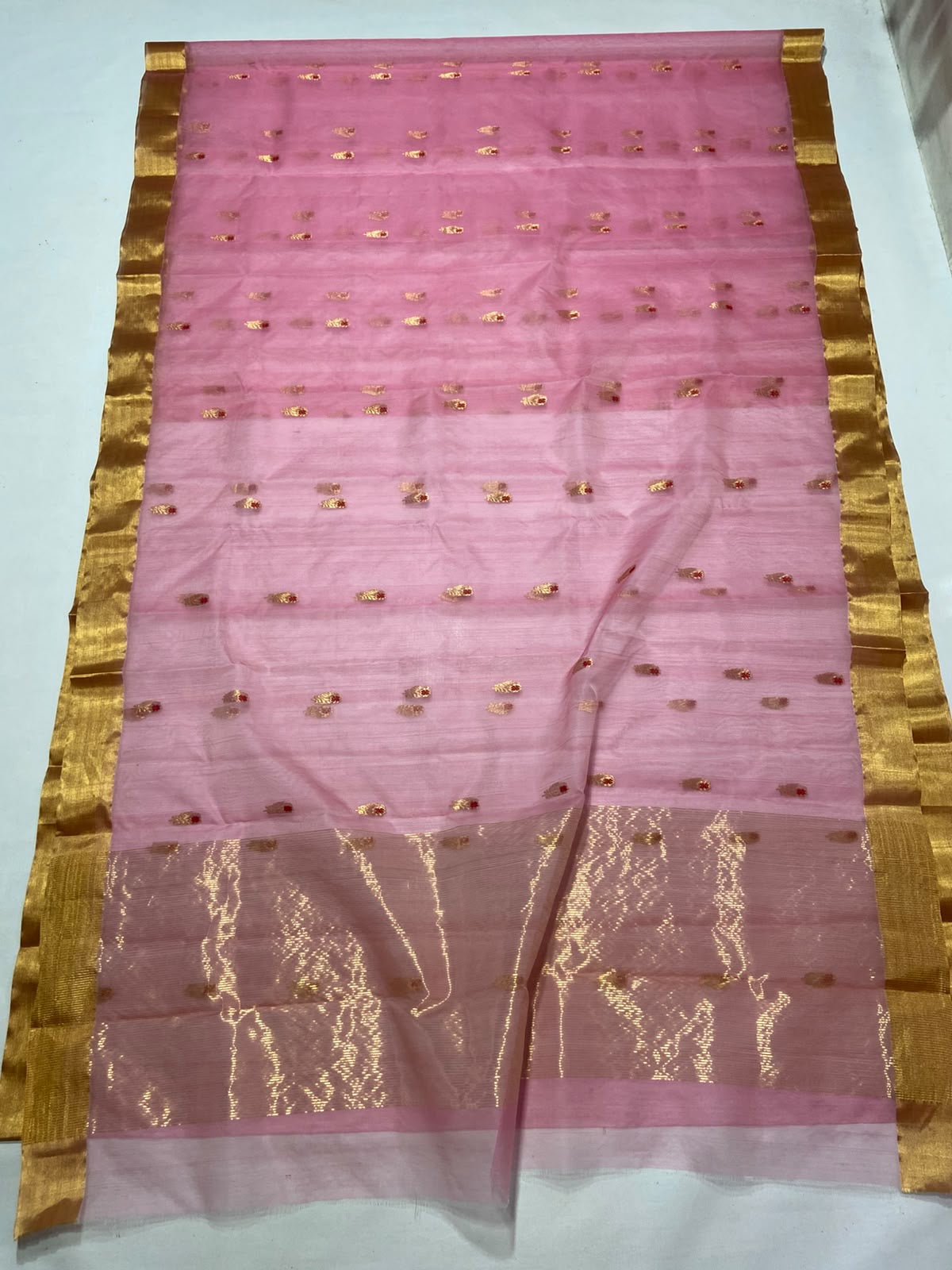 Rose pink Tissue Pattu Silk Chanderi saree with gold buttas and a magenta border