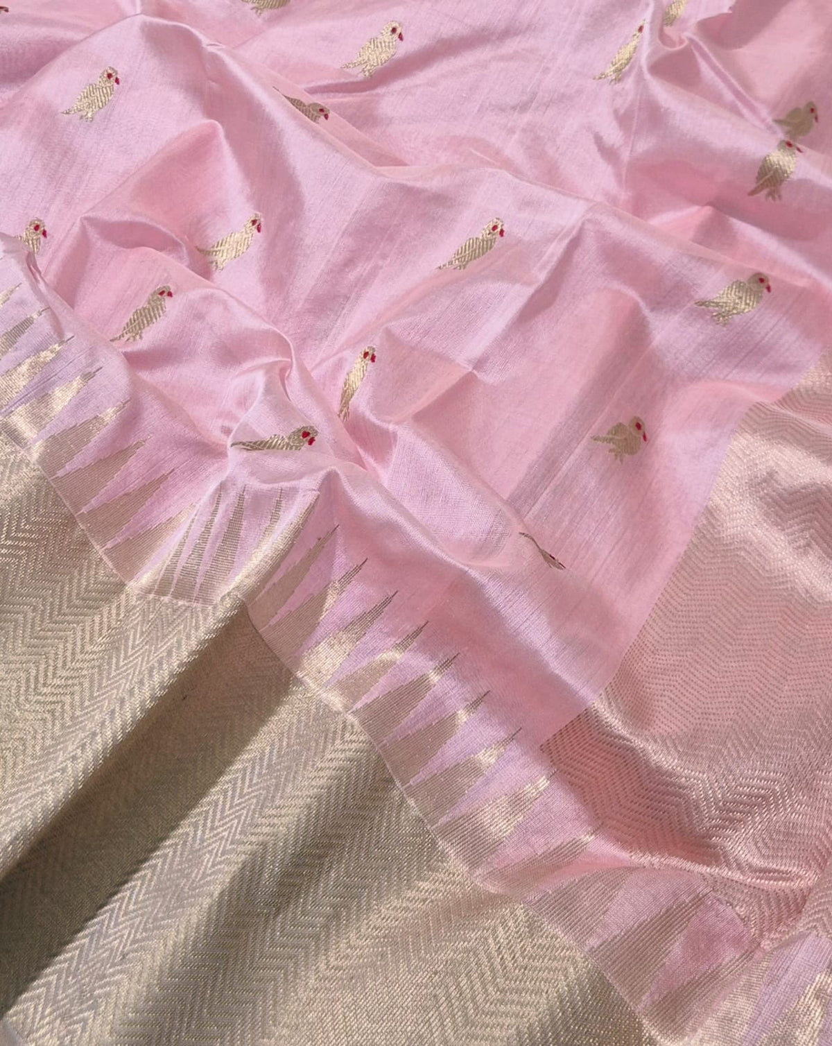 Rosewater pink Minakari parrot Pattu Silk Chanderi saree by Idam Living