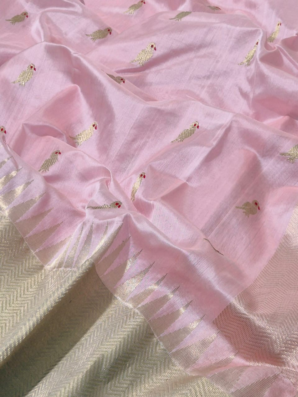 Rosewater pink handwoven Pattu Silk Chanderi saree with petite golden parrot buttas