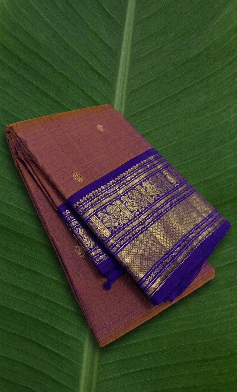 Rosewood copper korvai Kanjivaram silk saree with small zari butta and royal violet border – Idam Living