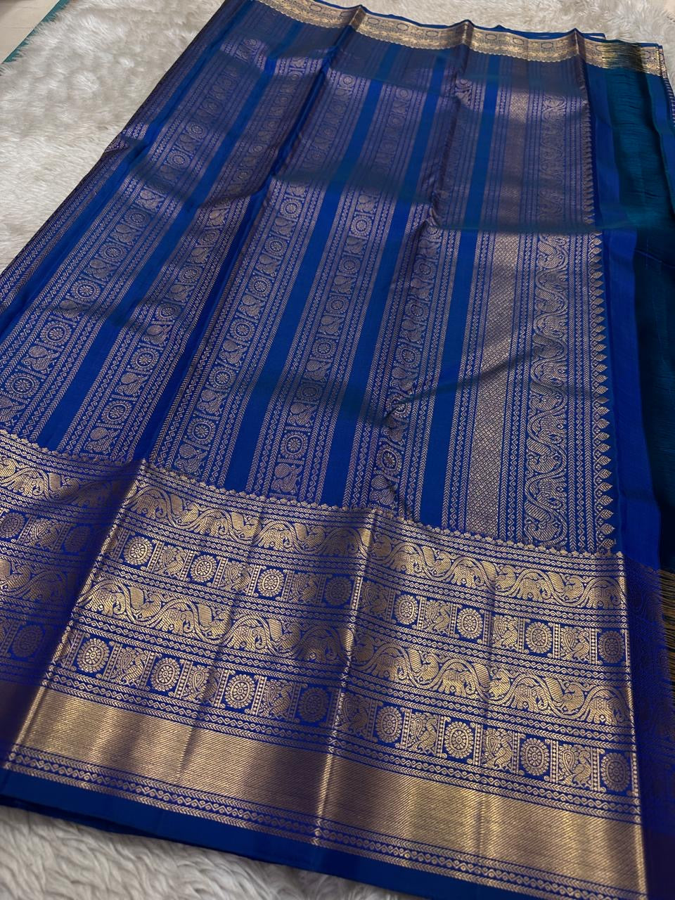 Royal Azure Blue Kanjipuram silk saree — full front view, zari kattam weave — Idam Living
