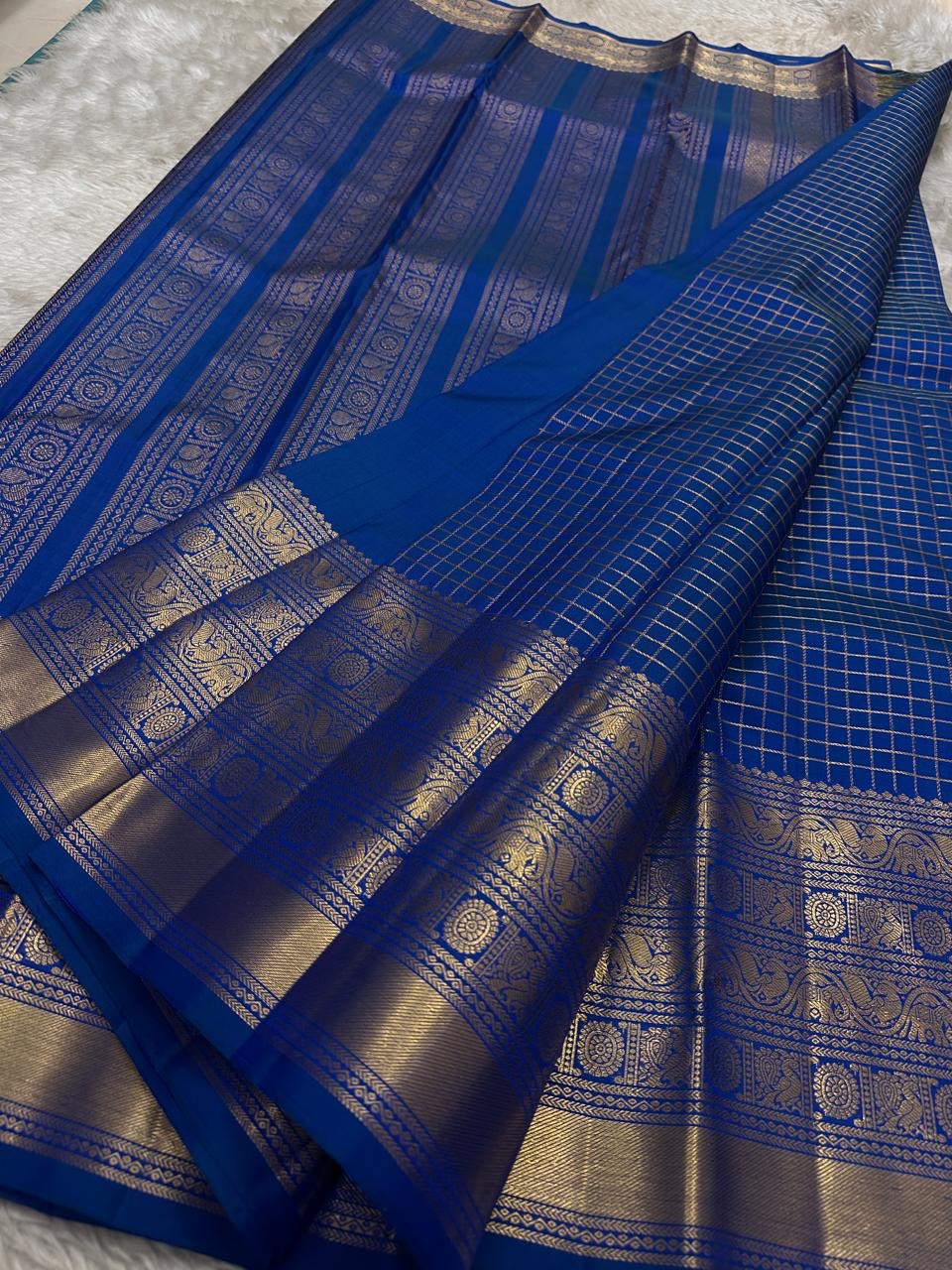 Royal Azure Blue Kanjipuram silk saree draped, full length view — Idam Living