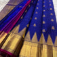 Royal Blue and Gold Handwoven Pure Silk Kancheepuram Saree with Twin Kili Butta Motif and Temple Border